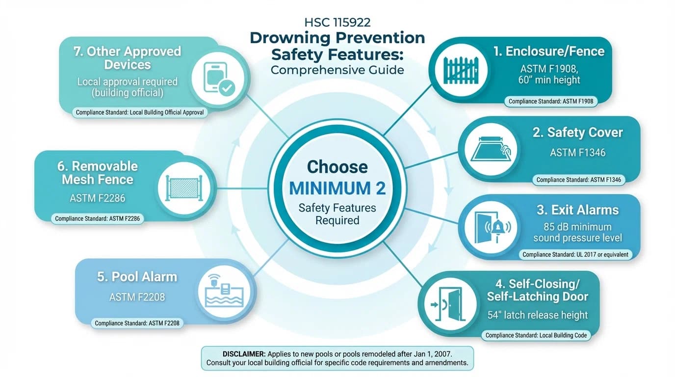 Visual diagram showing all seven HSC 115922 drowning prevention safety features with icons and compliance requirements for each