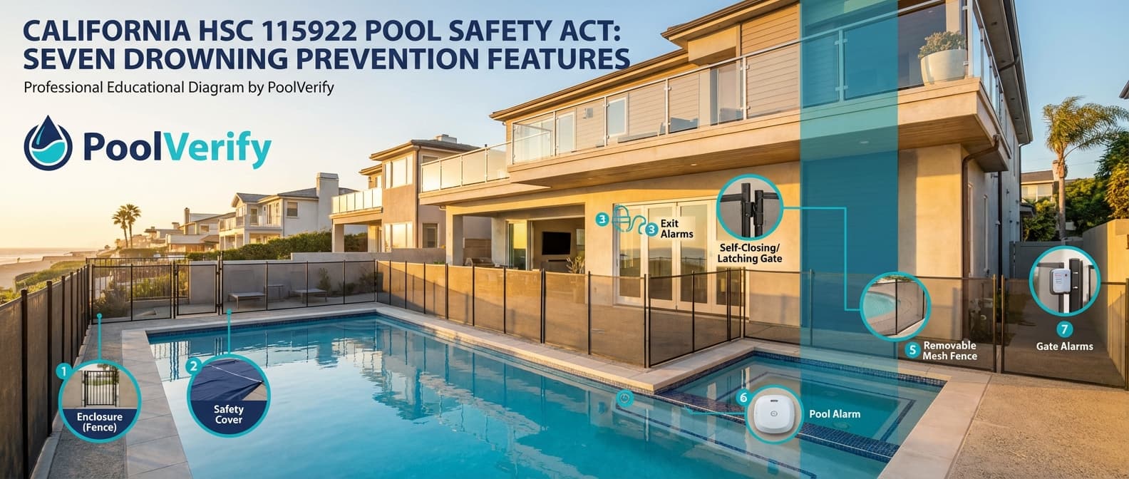 California HSC 115922 Swimming Pool Safety Act guide showing 7 drowning prevention features and compliance requirements