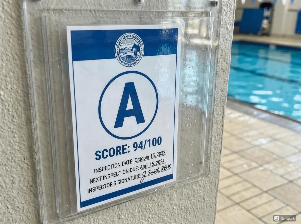 Health inspection score card posted at pool