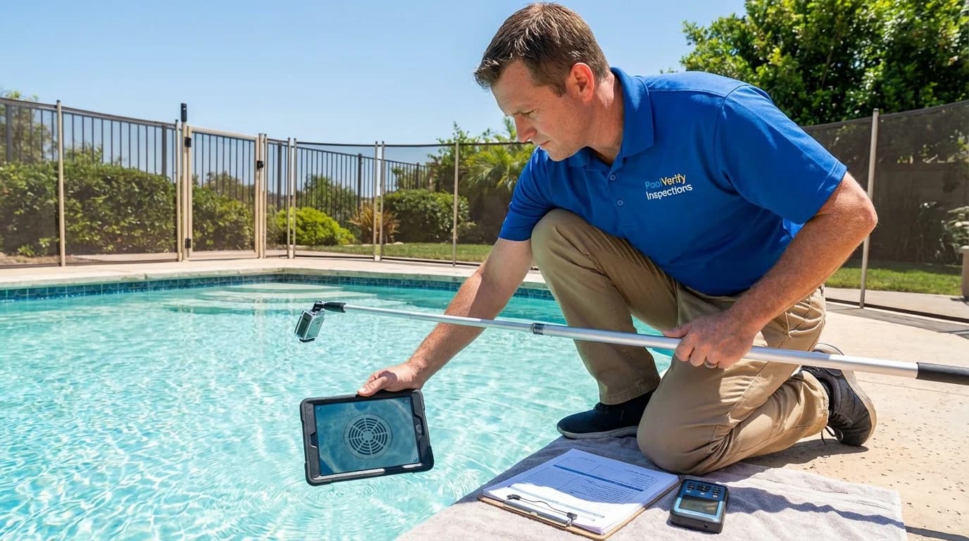Pool inspector examining VGB-compliant drain cover during safety inspection