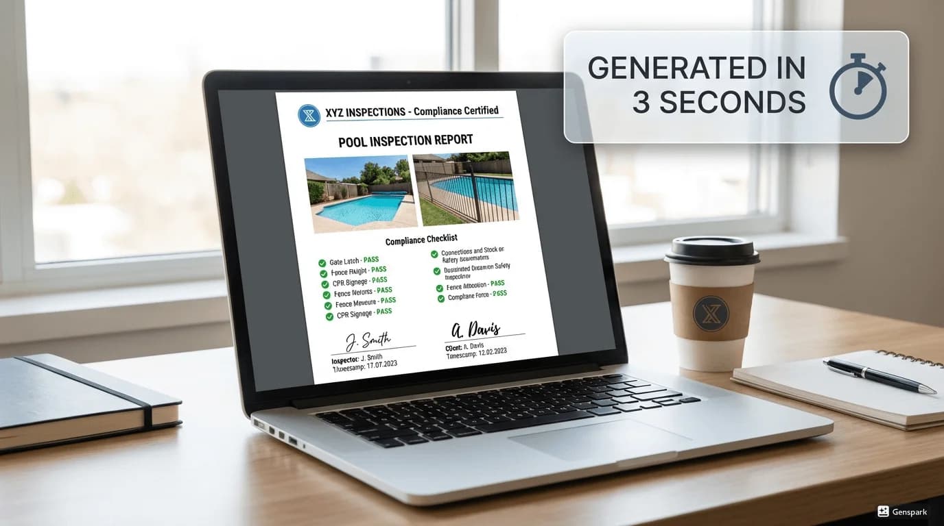 Professional PDF inspection report displayed on laptop showing instant generation capability