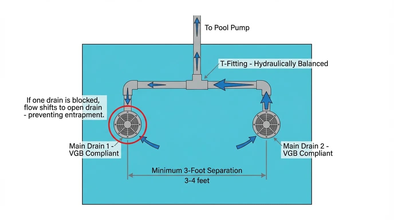 Diagram showing proper multiple drain separation and hydraulic balancing
