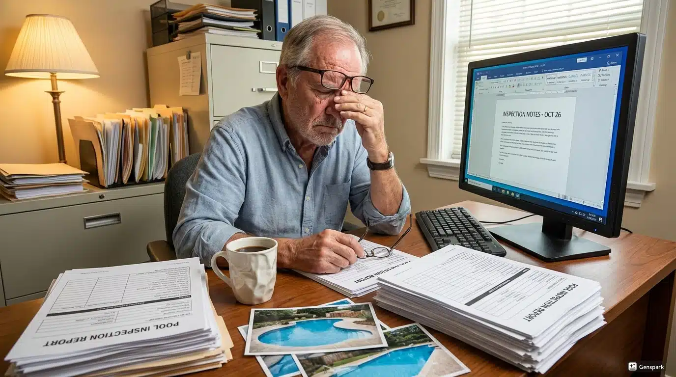 Older inspector reviewing paper forms at desk