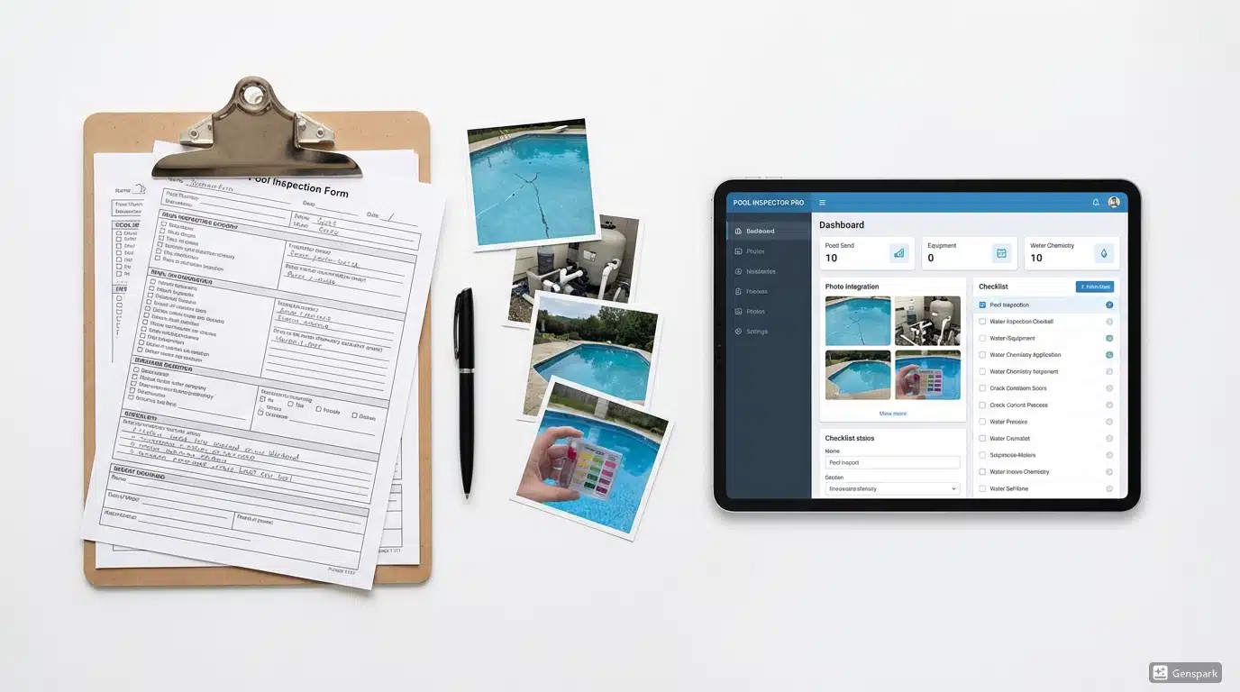 Paper inspection forms next to digital tablet showing pool inspection app