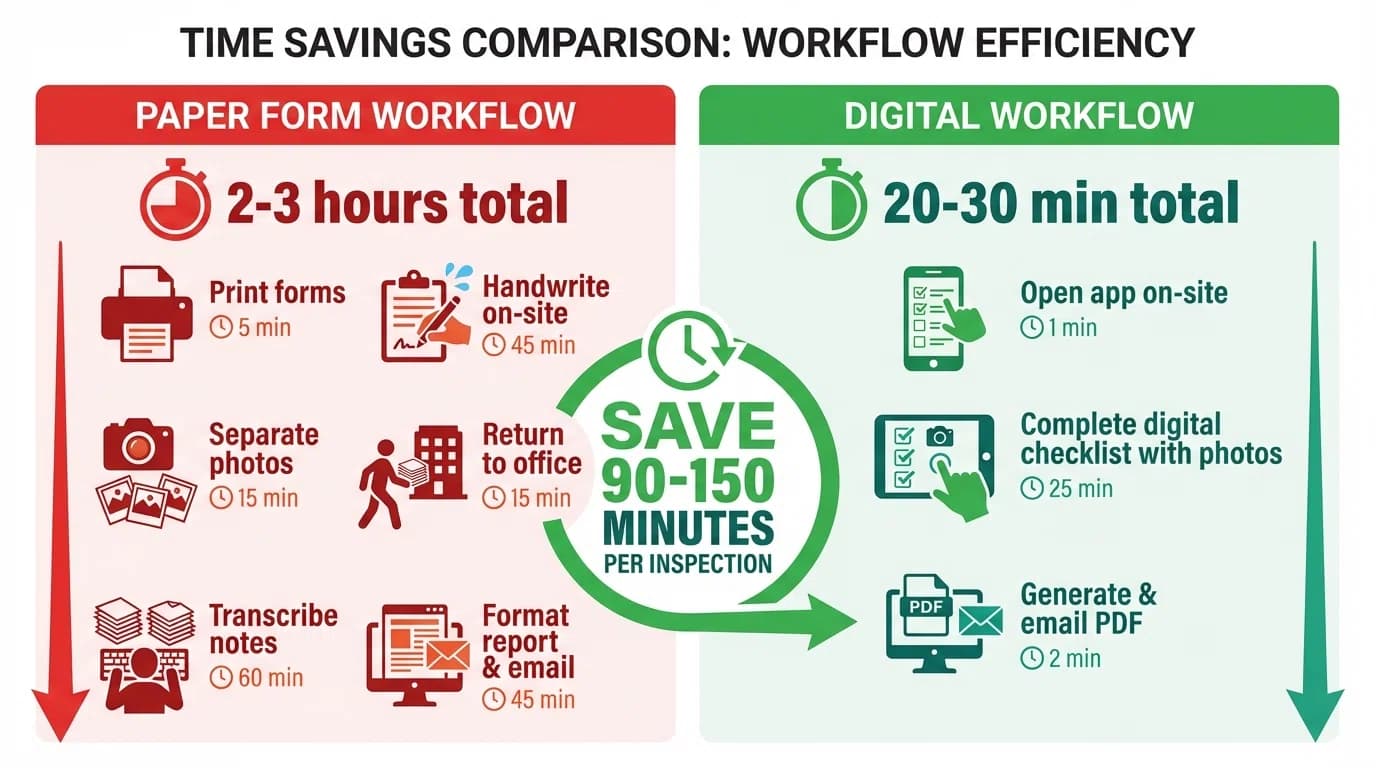 Side-by-side workflow comparison showing traditional paper inspection process with 8 steps taking 2-3 hours versus digital inspection process with 3 steps taking 20-30 minutes