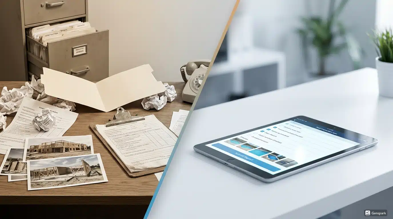Split image showing paper inspection forms on left and tablet with digital inspection app on right