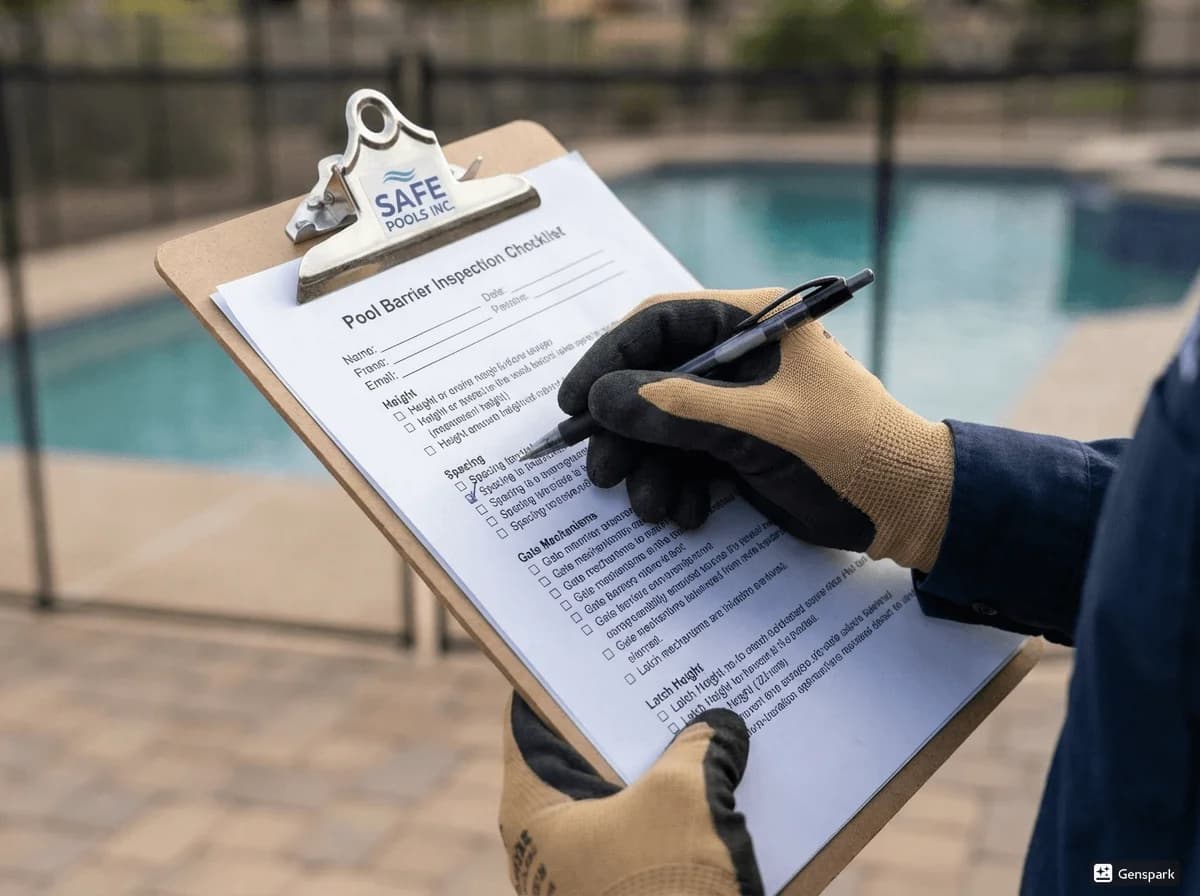 Professional clipboard with pool barrier inspection checklist showing compliance checkboxes