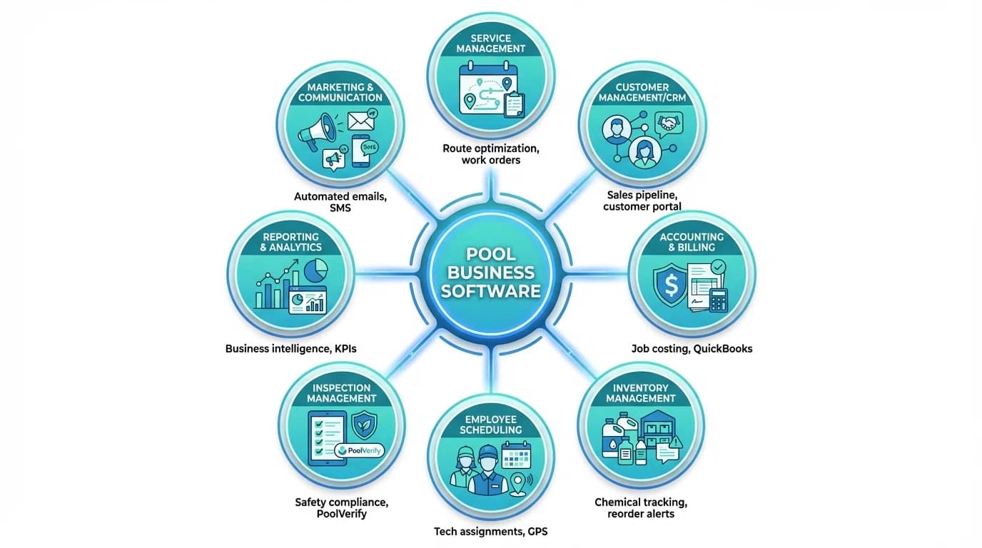 Comprehensive pool business software dashboard showing all business functions
