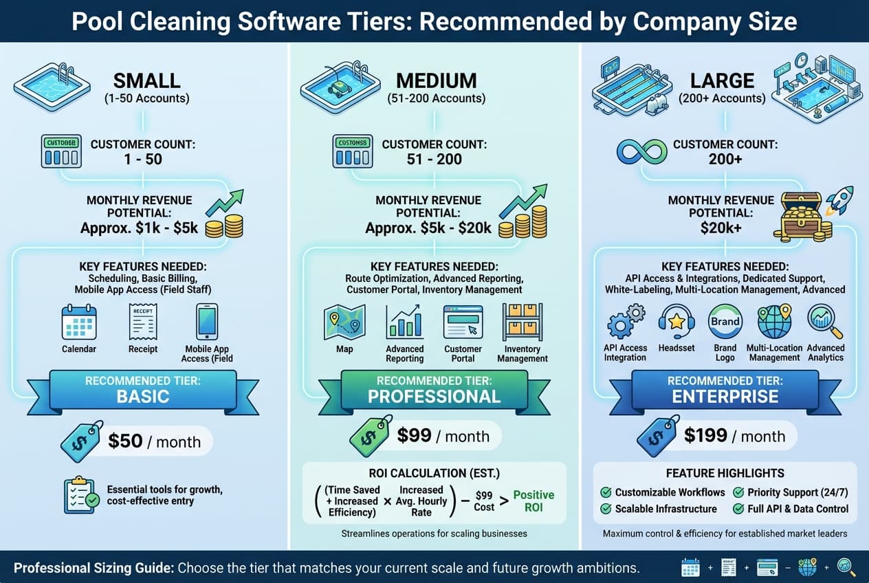 Chart showing recommended software tiers by company size and account count