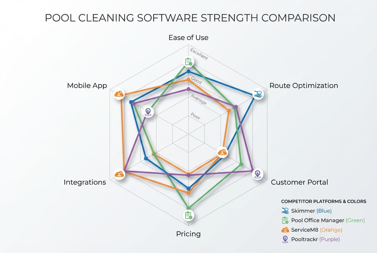 Visual comparison chart showing relative strengths of each pool cleaning software platform