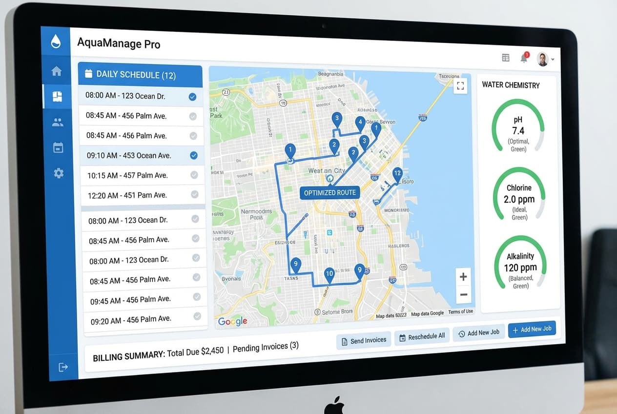 Modern pool cleaning software dashboard showing daily schedule, customer list, and water chemistry readings
