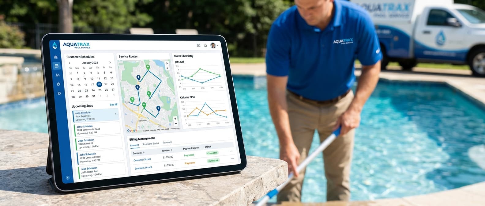 Pool cleaning software dashboard showing customer schedules, service history, water chemistry tracking, and billing management