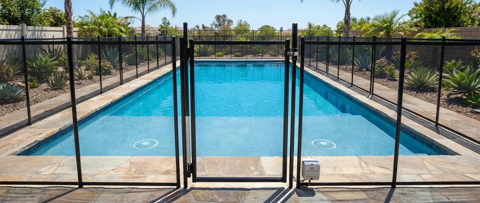 California residential pool with compliant safety features including 60-inch fence, self-closing gate, and pool alarm