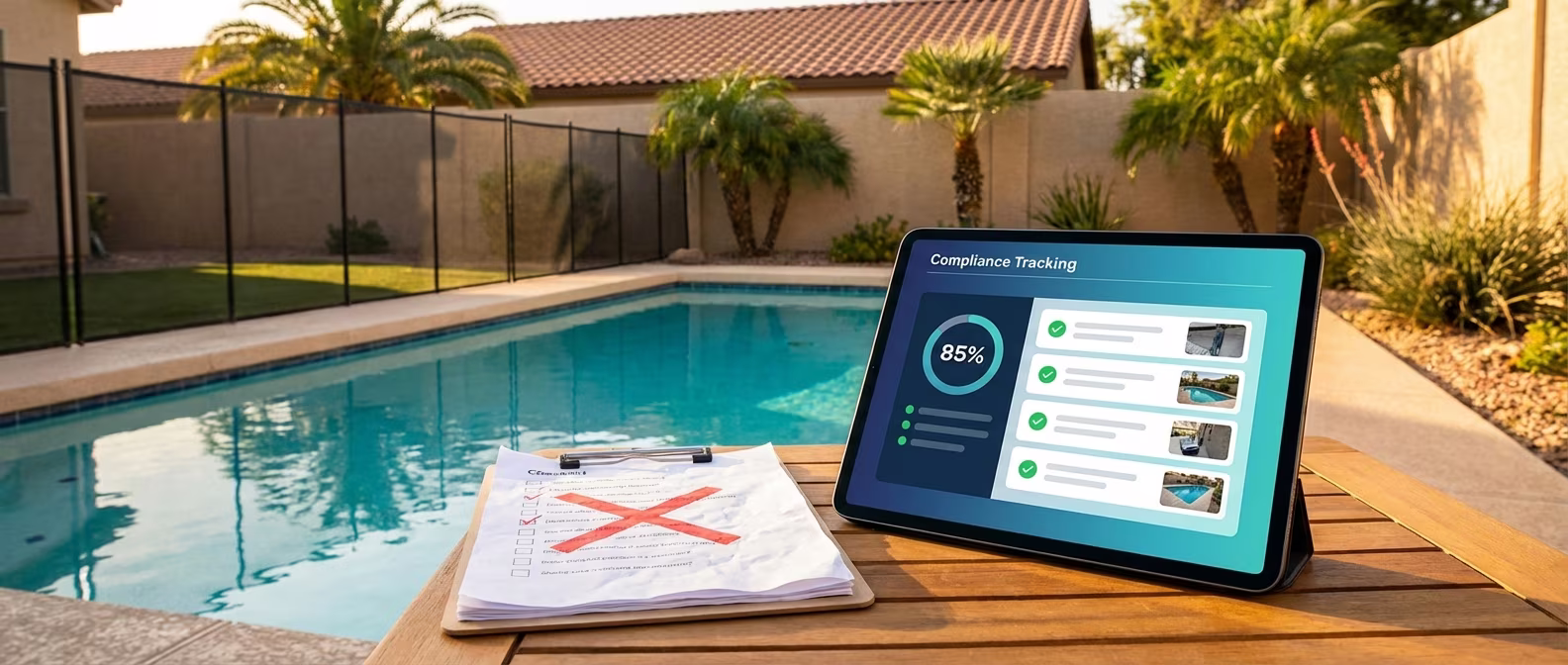 Digital compliance tracking dashboard on tablet next to California residential pool