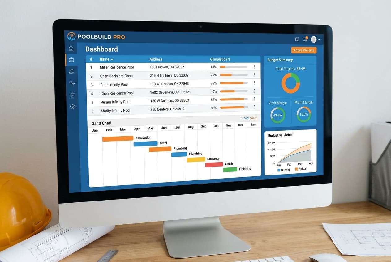 Modern pool contractor software dashboard showing active pool construction projects, timelines, and budget tracking
