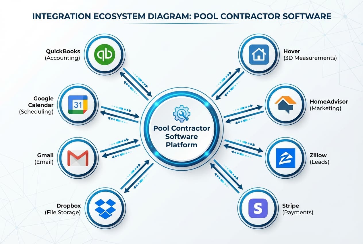 Integration ecosystem showing connections between pool contractor software and business tools