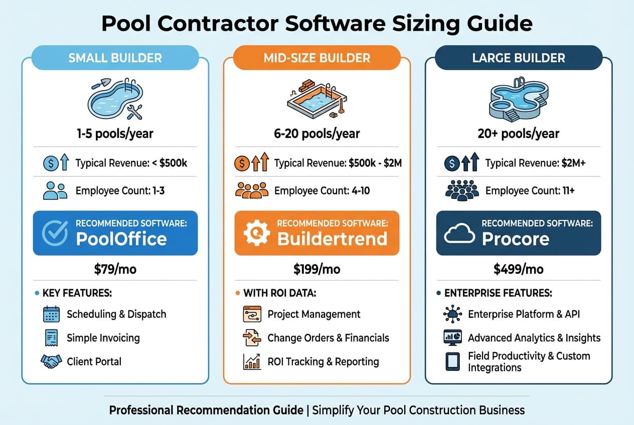 Diagram showing recommended software tiers by pool contractor company size