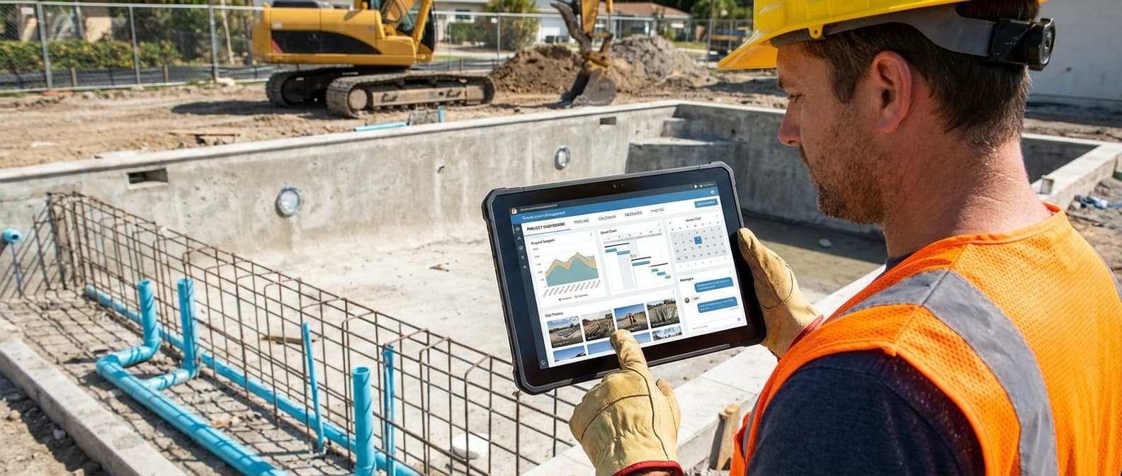 Pool contractor software dashboard showing project management, scheduling, and customer communication tools for pool builders