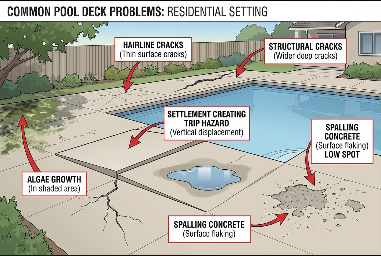 Common pool deck problems illustrated: cracks, settlement, trip hazards, and drainage issues