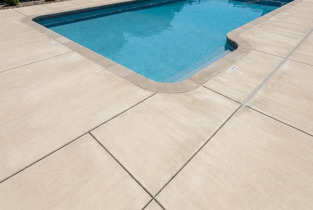 Pool deck with proper slope, drainage, and slip-resistant surface meeting California building codes