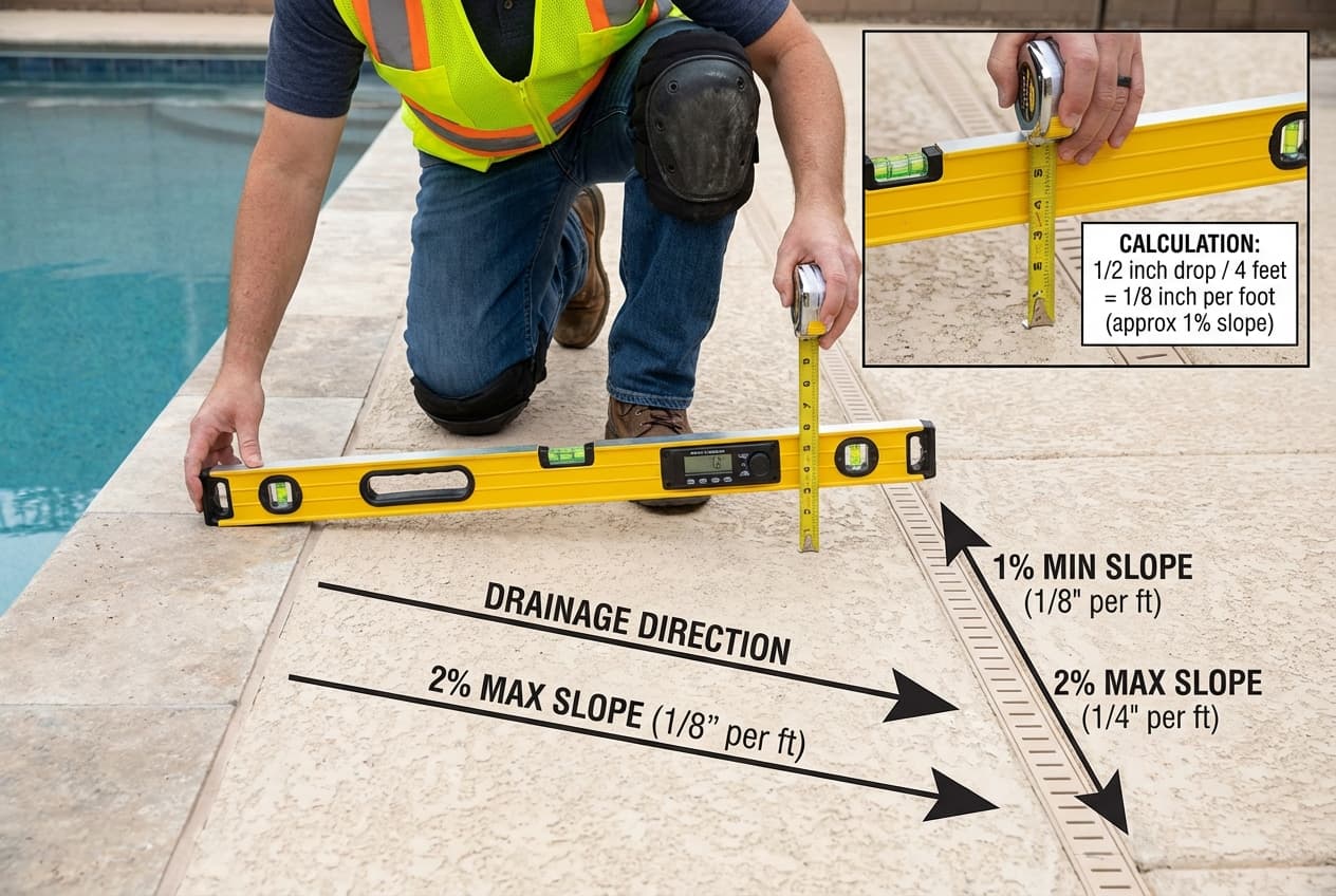Proper pool deck drainage slope demonstrated with measurement tools and water flow direction