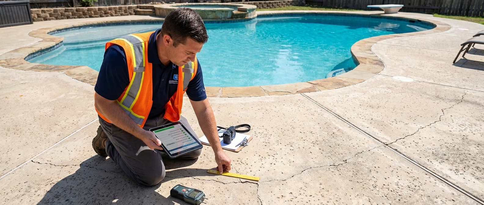 Pool inspector examining concrete deck surface for cracks, drainage, and trip hazards