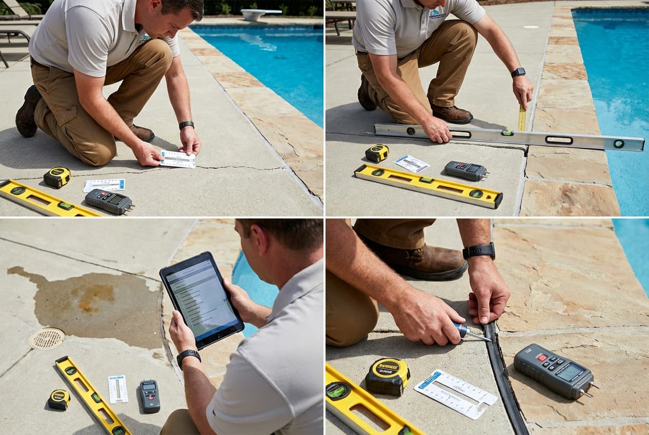 Pool inspector using checklist to examine deck cracks, drainage, and safety hazards systematically