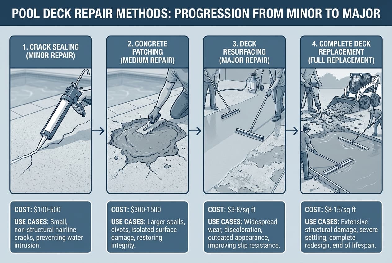 Pool deck repair methods comparison from crack filling to complete replacement with cost ranges