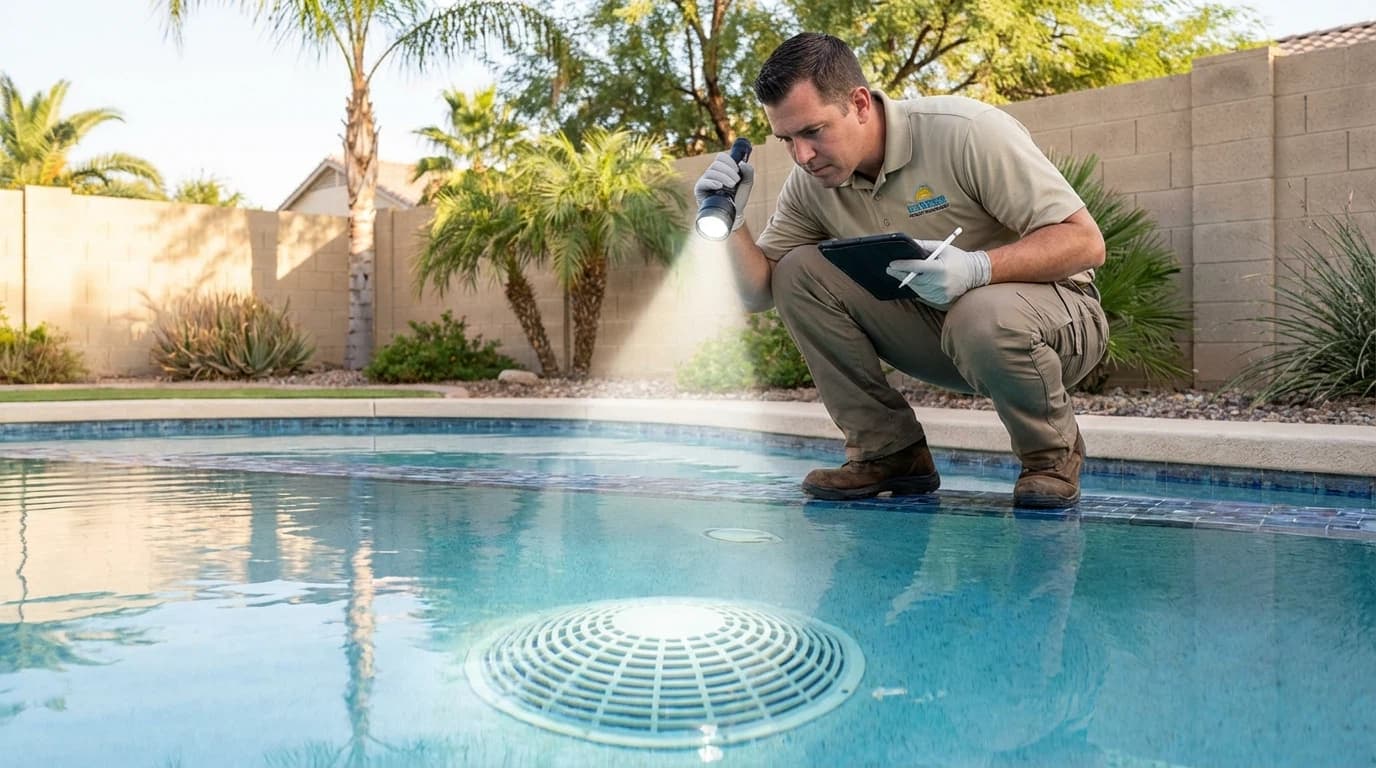 Pool inspector examining a main drain cover during safety inspection