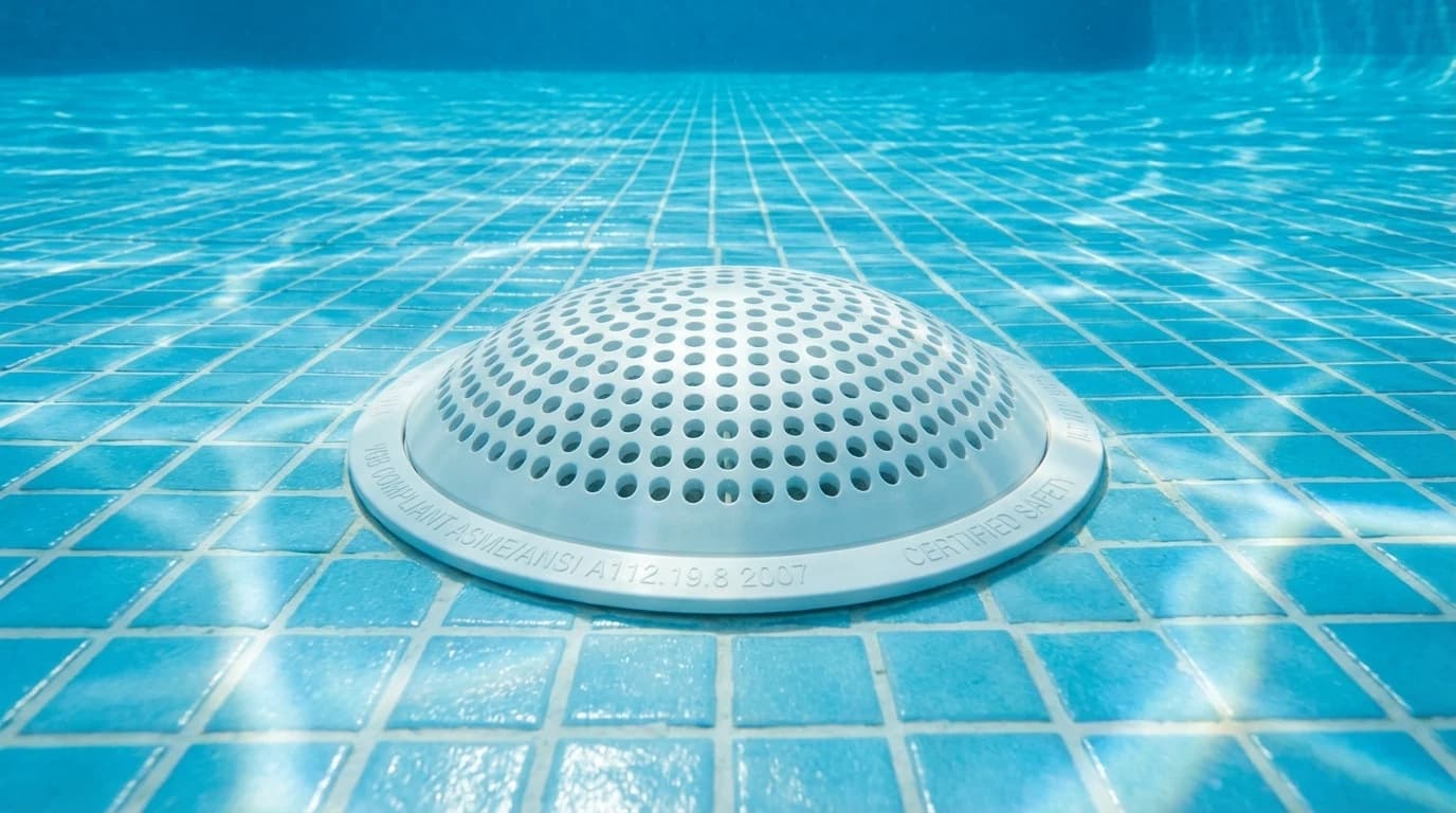 VGB compliant anti-entrapment pool drain cover installed in a swimming pool floor