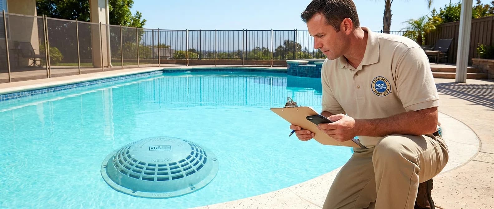 Pool inspector examining VGB-compliant drain cover for safety compliance