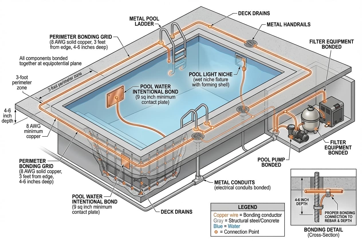 Technical illustration showing comprehensive equipotential bonding grid around pool including perimeter surfaces, equipment, and structural components