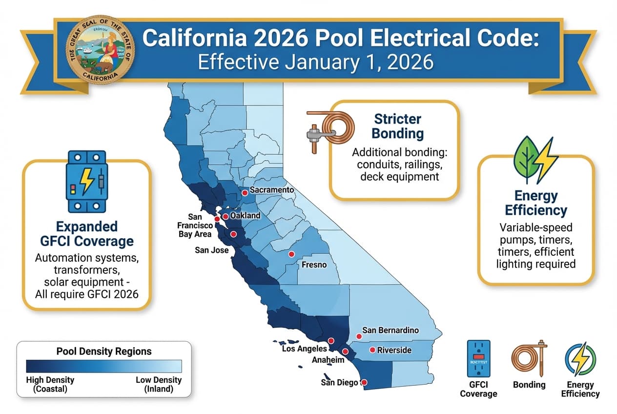 California map highlighting counties with Title 24 pool electrical requirements and effective dates for 2026 code adoption