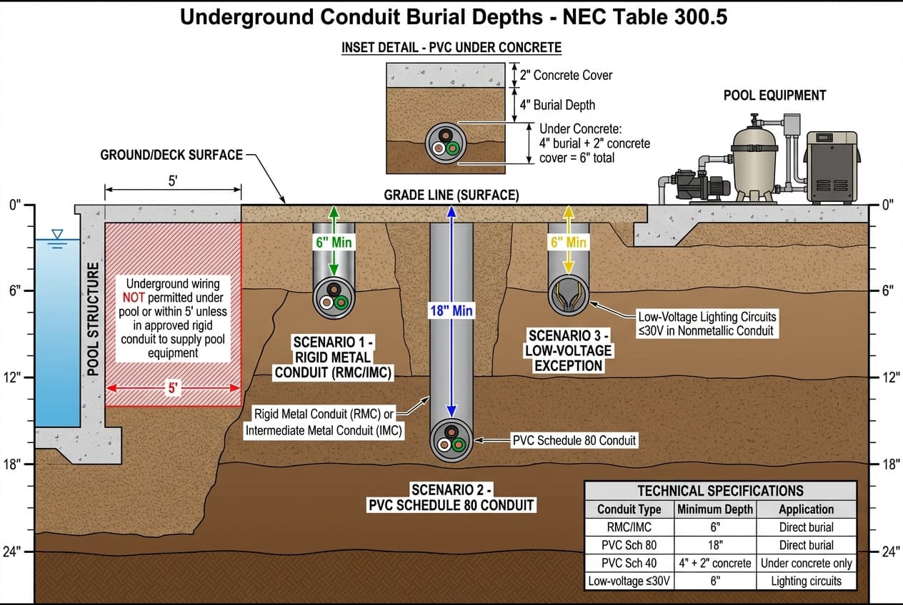 Cross-section diagram showing proper conduit burial depths for RMC at 6 inches and PVC at 18 inches with pool equipment connections