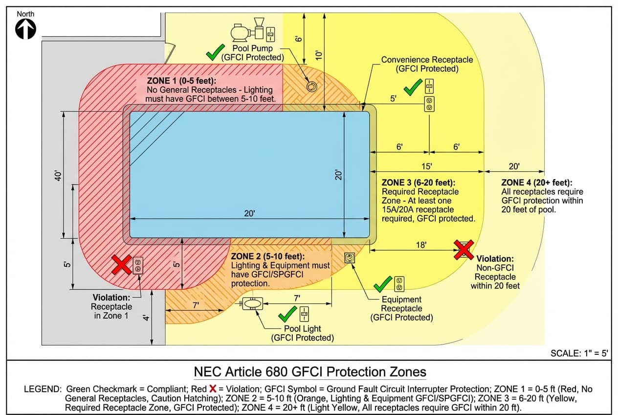 Technical diagram showing GFCI protection zones around pool with 5-foot, 10-foot, and 20-foot measurement lines and equipment placement