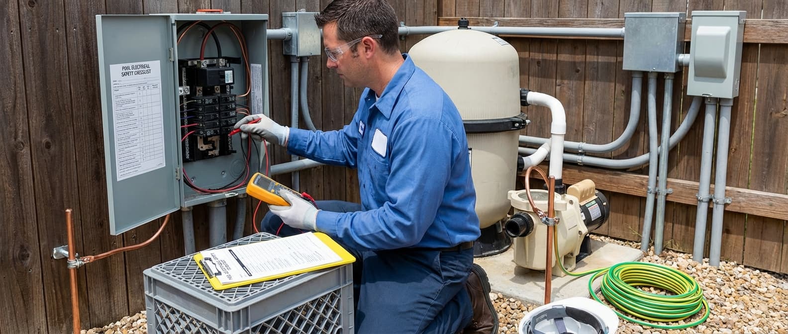 Licensed electrician performing comprehensive pool electrical inspection with testing equipment at California swimming pool