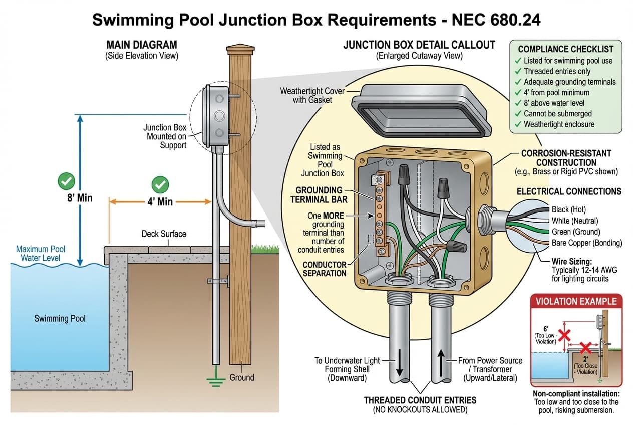 Technical diagram showing proper junction box installation with measurements from pool edge and water level plus grounding terminal configuration