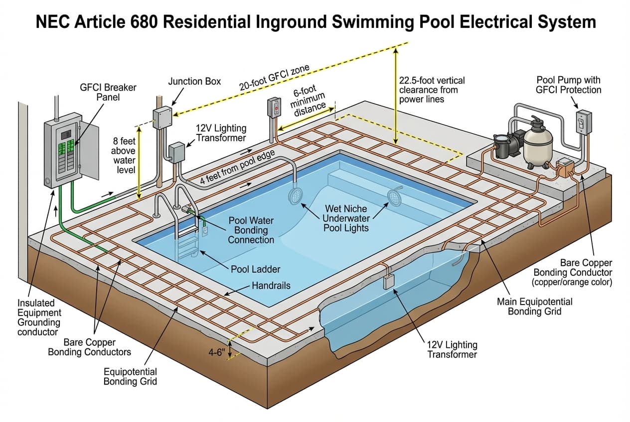 Technical illustration showing NEC Article 680 scope with pool electrical system components labeled including GFCI protection, bonding, lighting, and equipment
