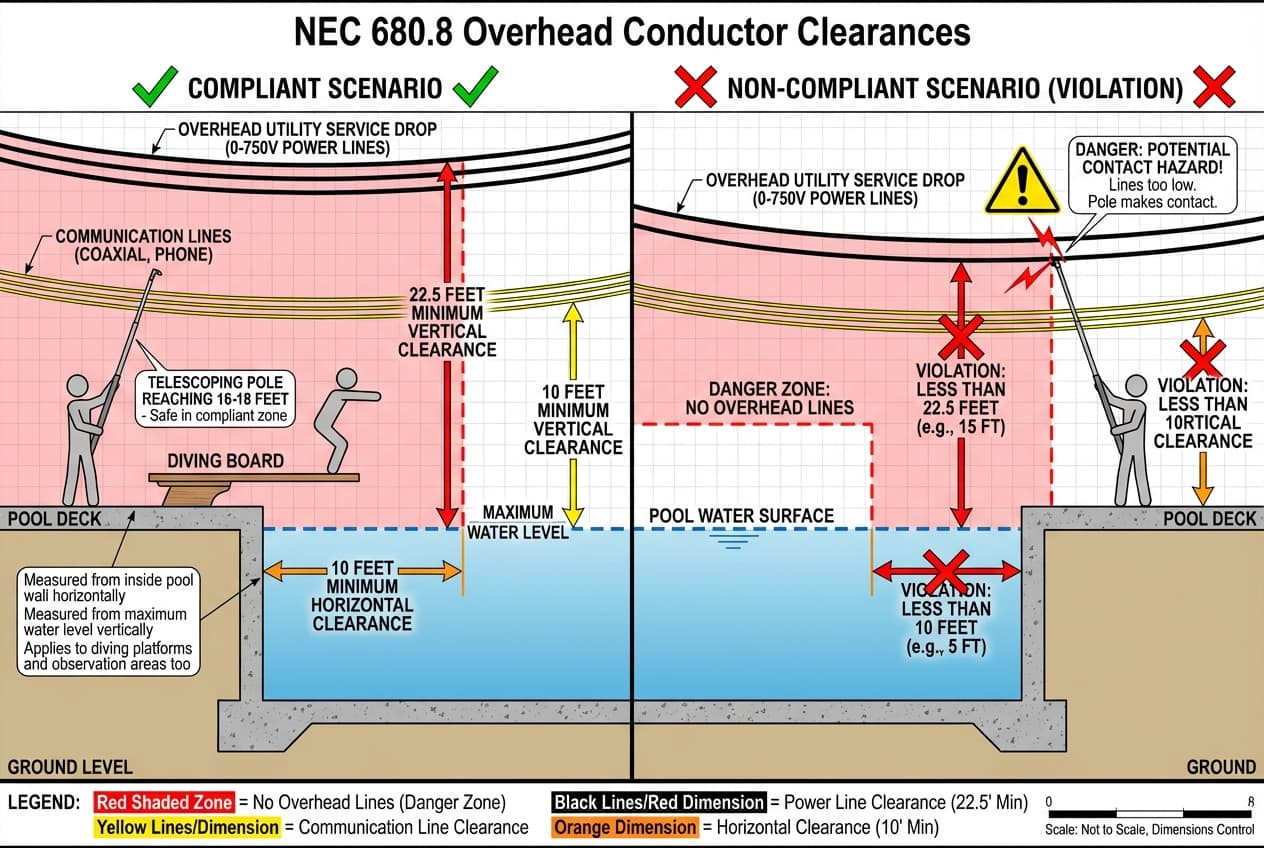 Side elevation view showing overhead power line clearance requirements with 22.5-foot vertical and 10-foot horizontal clearance zones around pool