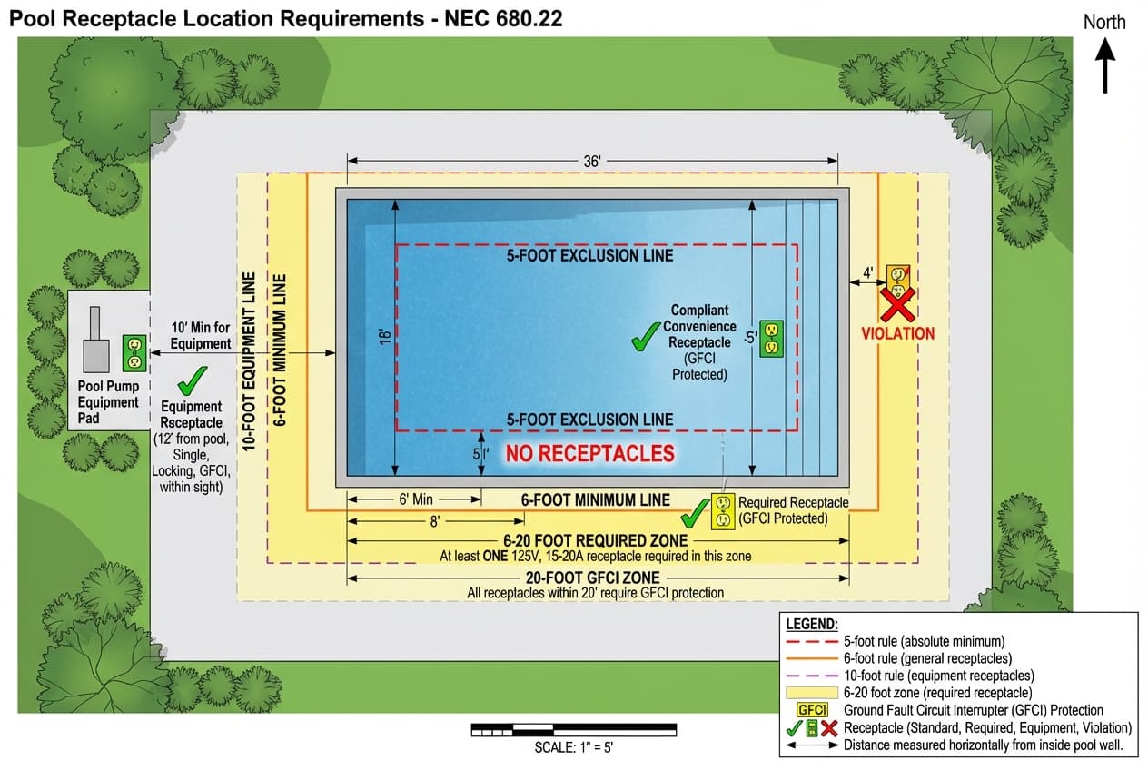 Overhead view diagram showing receptacle location zones around pool with 6-foot minimum, 10-foot pump equipment zone, and 20-foot required receptacle maximum distances