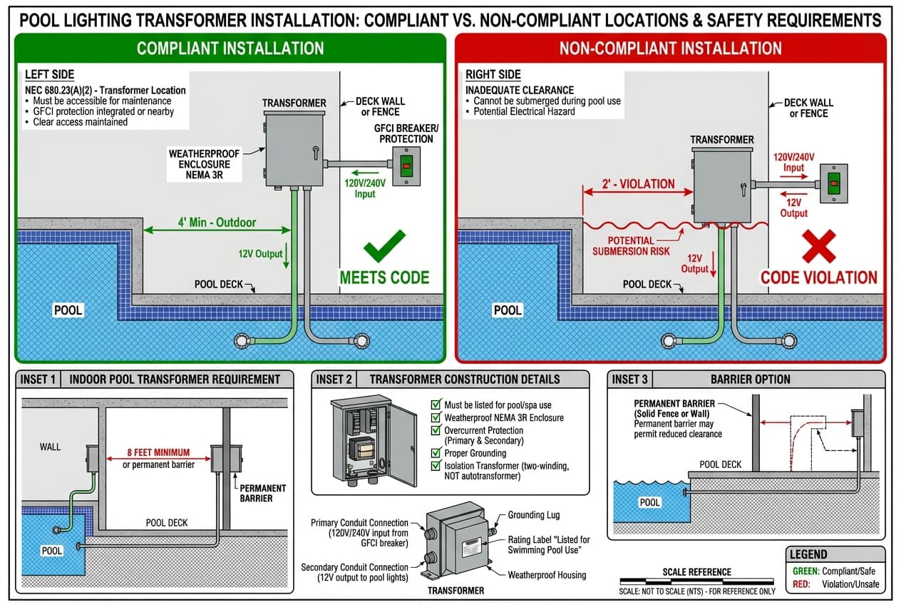 Technical illustration showing approved transformer installation with dimensions, barriers, and GFCI protection for pool lighting systems