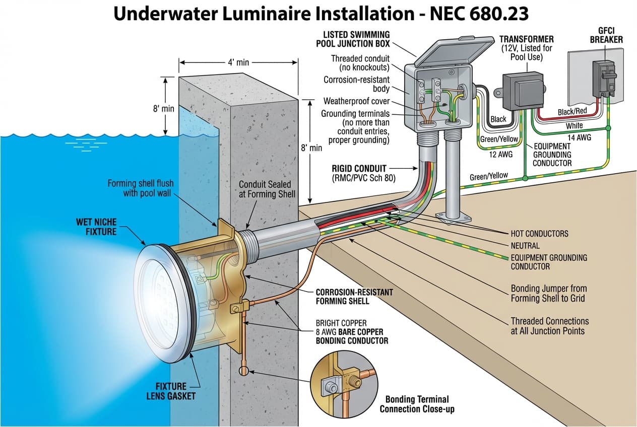 Cutaway technical diagram showing underwater pool light wet niche installation with transformer, junction box, bonding, and conduit connections labeled