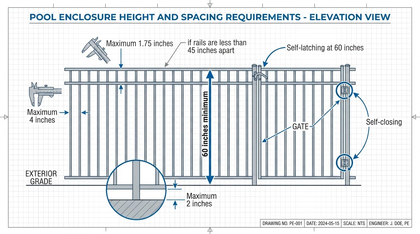 Pool enclosure height and spacing requirements showing measurement points