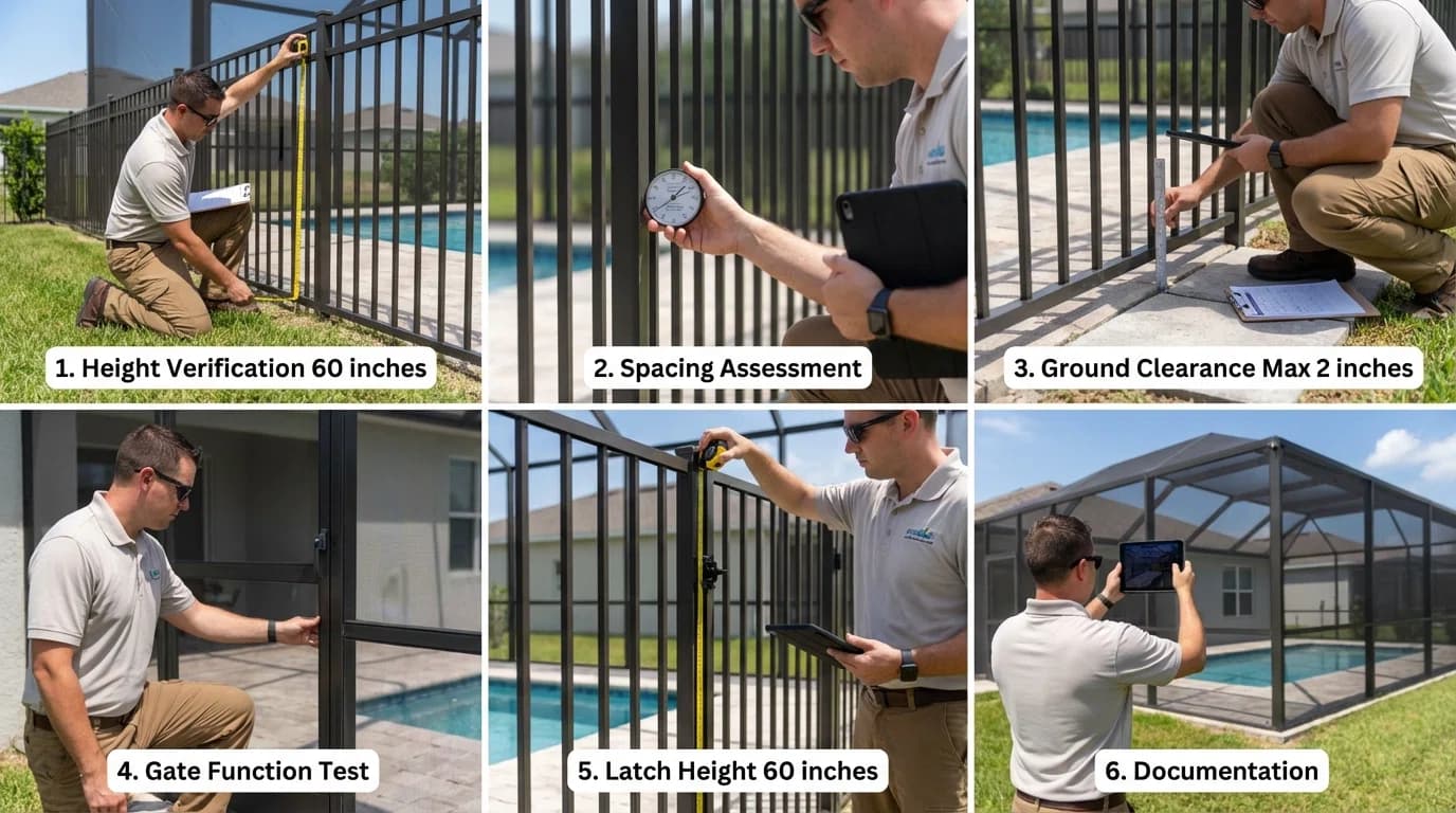 Pool enclosure inspection process showing measurement and documentation steps