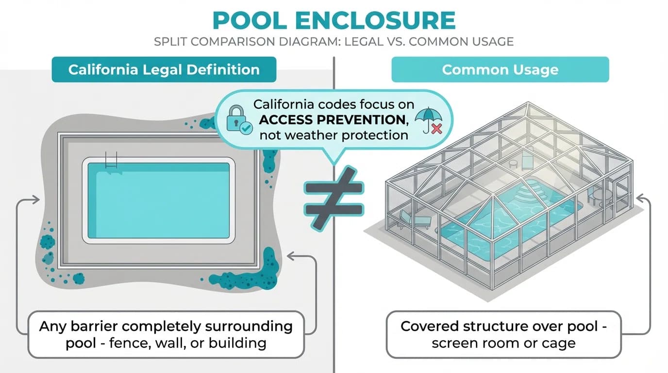 Diagram comparing legal pool enclosure definition to common pool enclosure usage