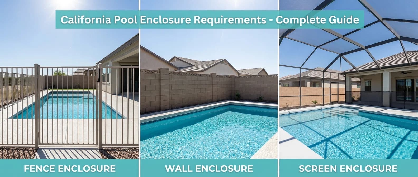 Different types of pool enclosures showing California compliance requirements