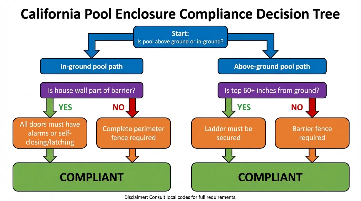 Decision tree showing when pool enclosures are required vs other barrier options