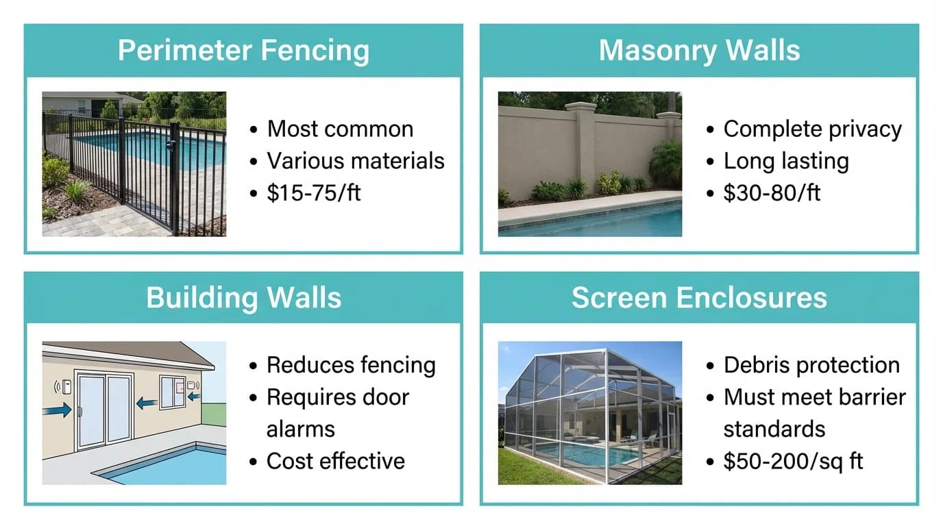 Different pool enclosure types showing fencing, walls, and building integration