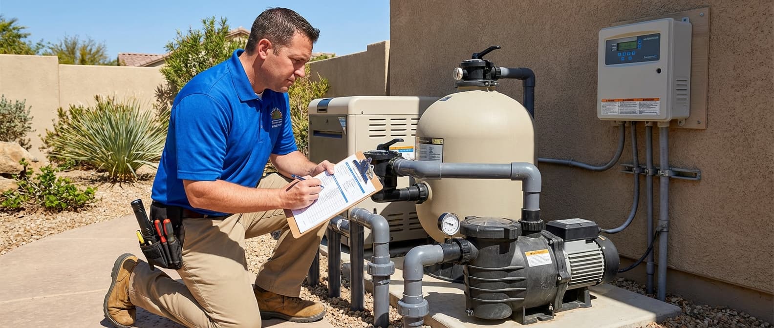 Pool inspector examining pump, filter, and equipment pad with comprehensive checklist