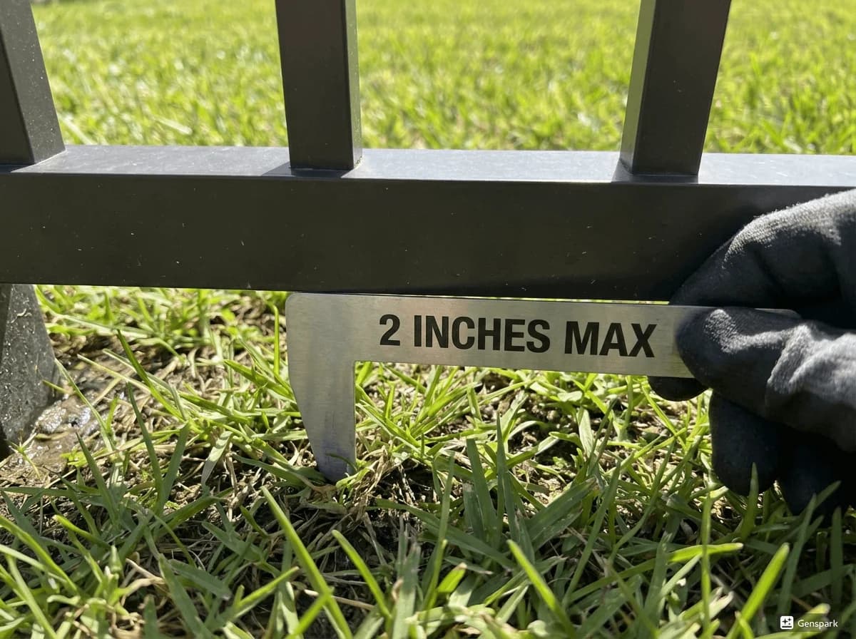 Technical close-up showing pool fence with 2-inch maximum ground clearance measurement